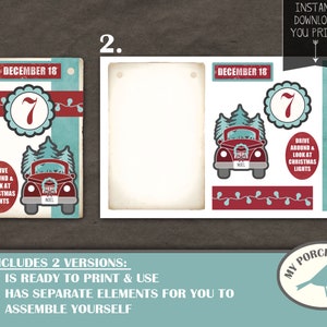 May include: Printable Christmas countdown tag with a red truck, Christmas lights, and the text "December 18" and "Drive Around & Look at Christmas Lights".