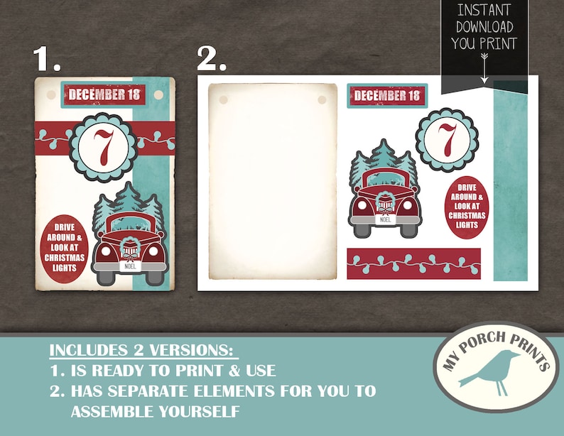 May include: Printable Christmas countdown tag with a red truck, Christmas lights, and the text "December 18" and "Drive Around & Look at Christmas Lights".