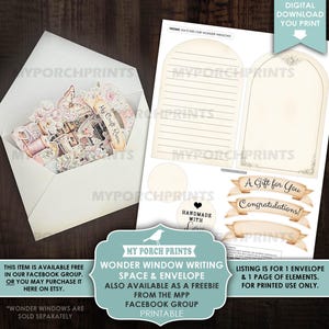 May include: A white envelope with craft-themed ephemera and a printable sheet with writing space, banners, and labels. The printable sheet includes the text "A Gift for You" and "Congratulations!"