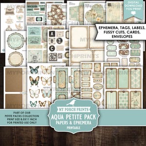 May include: A collection of printable papers and ephemera in a vintage style. The Aqua Petite Pack includes tags, labels, fussy cuts, cards, and envelopes. The color palette features soft blues, browns, and cream tones. The print size is 8.5x11 inches.
