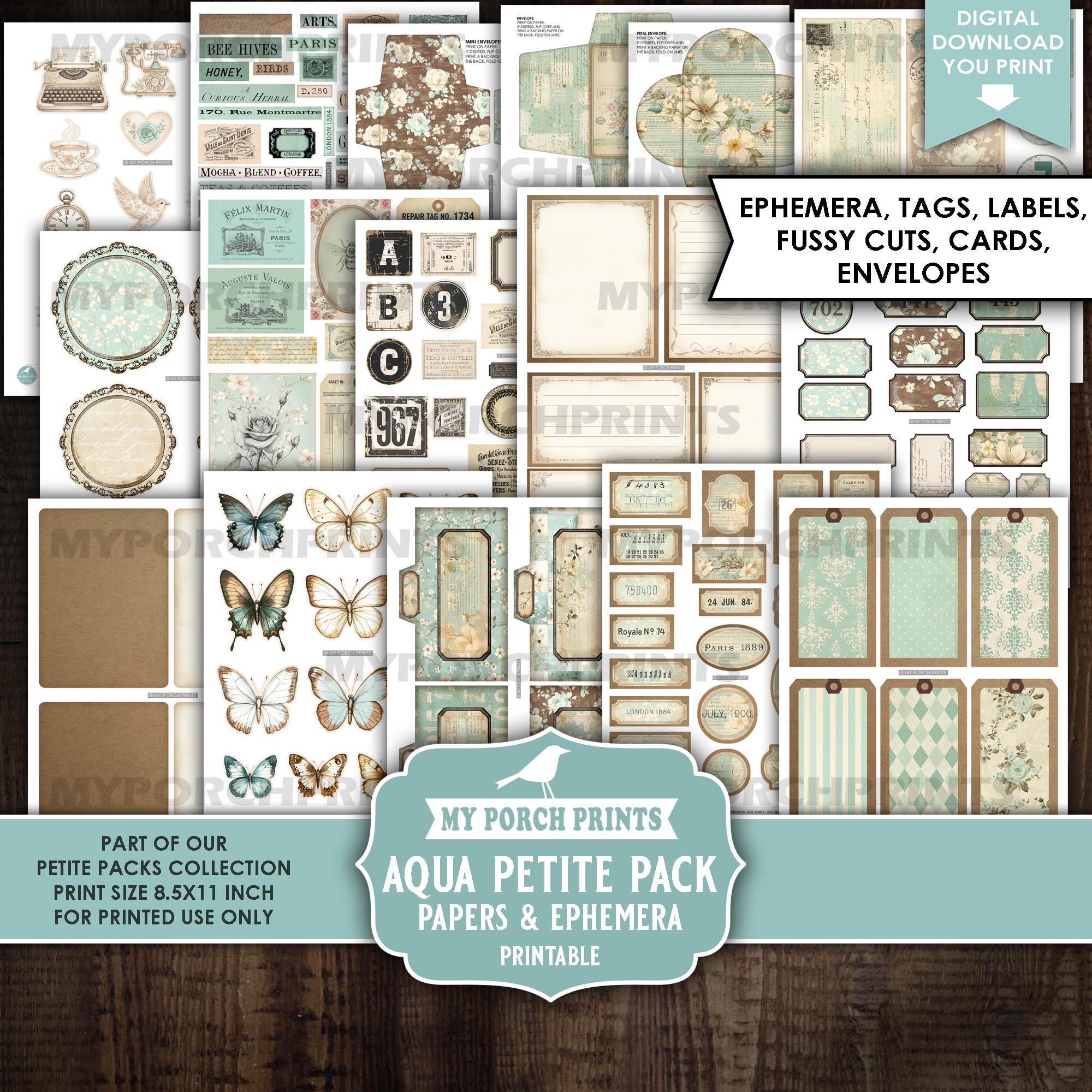 Aqua Petite Pack Junk Journal Ephemera and Papers Kit, Blue, Teal ...