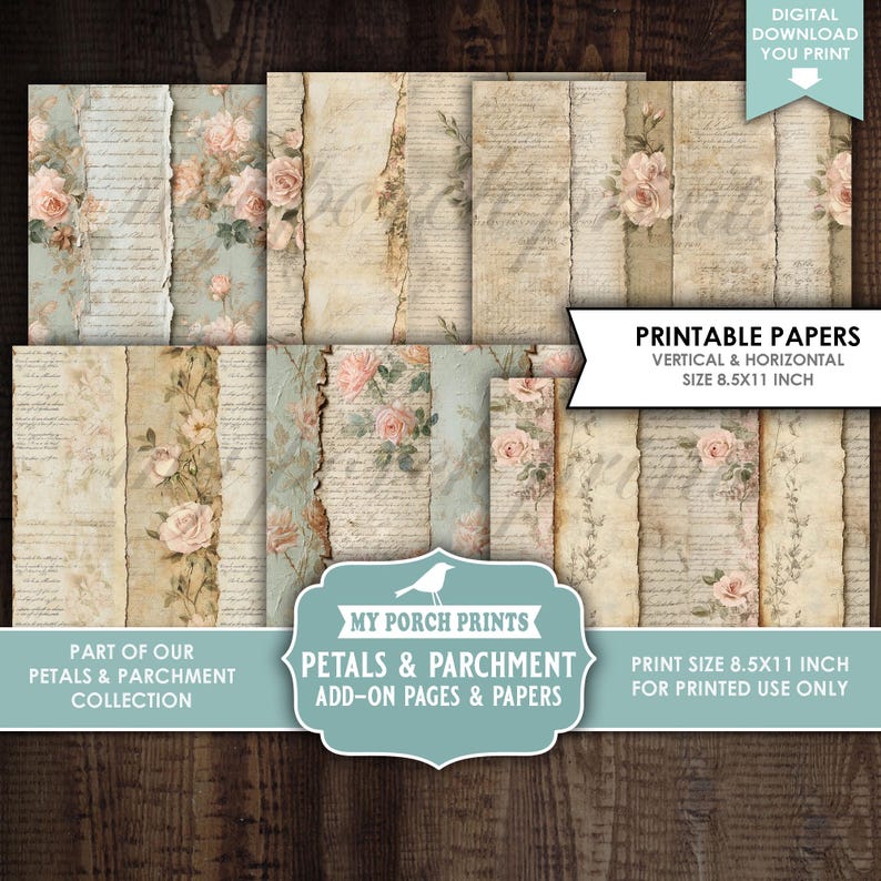 Petals and Parchment Junk Journal, Add-on, PAGES & PAPERS, Roses, Teal ...