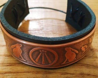 Druid Awen, Hares and Oak Leaf Garland Armband Copper or Brass Panel On Leather Cuff Custom Made Just For You