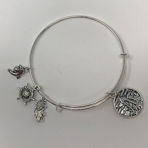 Lighthouse - Silver Toned Adjustable Bangle Bracelet With Ocean Themed Charms Symbolizes Help in Navagating Our Way Forward