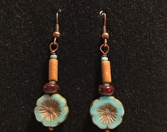 Czech Rustic Picasso Turquoise Flower Drop Antique Copper French Hook Earrings