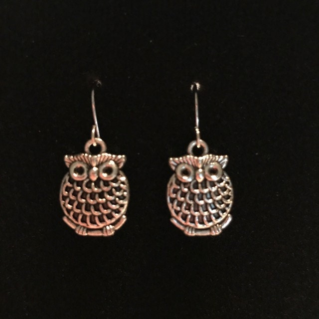 Silver Owl Dangle Drop Earrings with Nickle Free Silver French Ear Hooks