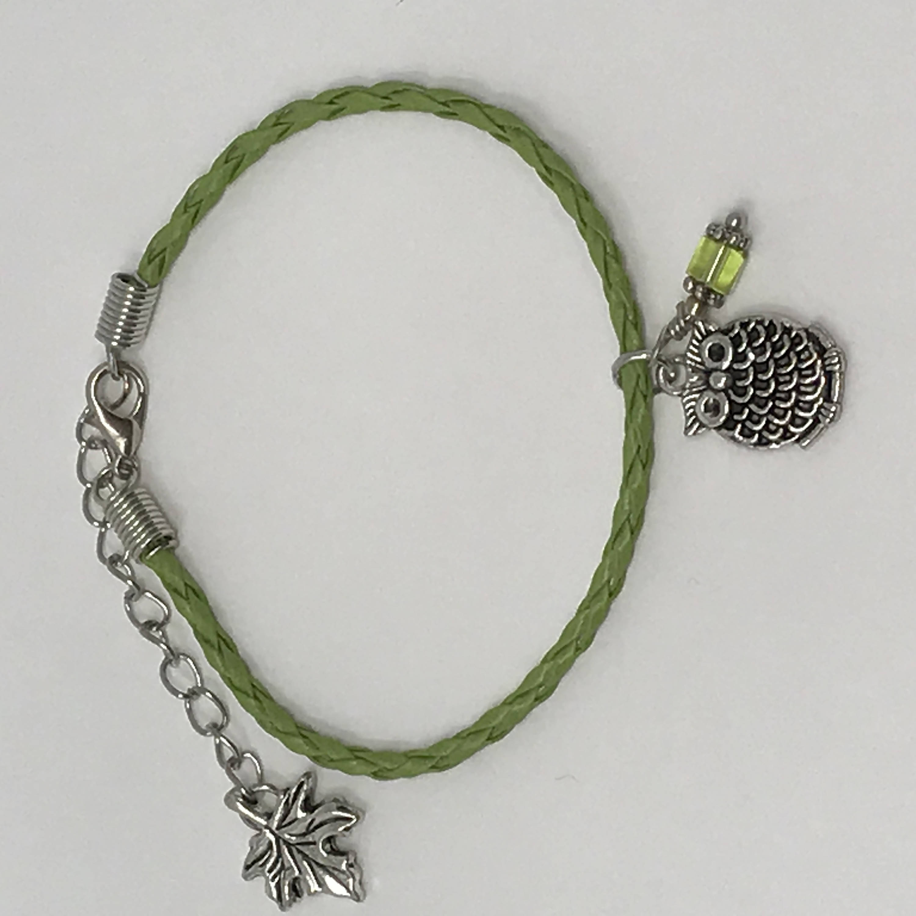 Green Braided Leather Bracelet with Silver Owl Charm Green Czech Beaded Dangle and Silver Leaf Charm