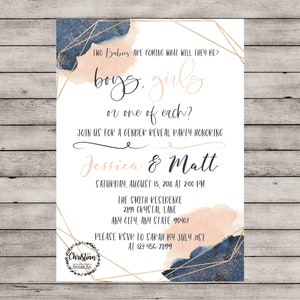 May include: A gender reveal party invitation with a watercolor background in shades of pink and blue. The invitation features a gold geometric frame and the text "TWO Babies ARE COMING WHAT WILL THEY BE? boys, girls or one of each? JOIN US FOR A GENDER REVEAL PARTY HONORING Jessica & Matt SATURDAY, AUGUST 15, 2018 AT 2:00 PM THE SMITH RESIDENCE 2891 CRYSTAL LANE ANY CITY, ANY STATE 90403 PLEASE RSVP TO SARAN BY JULY 31ST AT 123-456-7899"