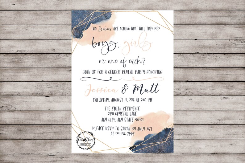 May include: A gender reveal party invitation with a watercolor background in shades of pink and blue. The invitation features a gold geometric frame and the text "TWO Babies ARE COMING WHAT WILL THEY BE? boys, girls or one of each? JOIN US FOR A GENDER REVEAL PARTY HONORING Jessica & Matt SATURDAY, AUGUST 15, 2018 AT 2:00 PM THE SMITH RESIDENCE 2891 CRYSTAL LANE ANY CITY, ANY STATE 90403 PLEASE RSVP TO SARAN BY JULY 31ST AT 123-456-7899"