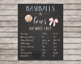 Gender Reveal Decorations, Baseball Or Bows, Baseballs Or Bows, Baseball Gender, Gender Reveal Decor, Gender Reveal Sign, Old Wives Tales