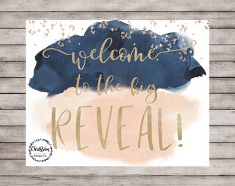 Navy and Blush Gender Reveal Sign, Reveal Welcome Sign Printable, Rose Gold Gender Reveal Print, Baby Reveal Ideas, Pregnancy Reveal