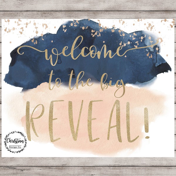 Navy and Blush Gender Reveal Sign, Reveal Welcome Sign Printable, Rose Gold Gender Reveal Print, Baby Reveal Ideas, Pregnancy Reveal