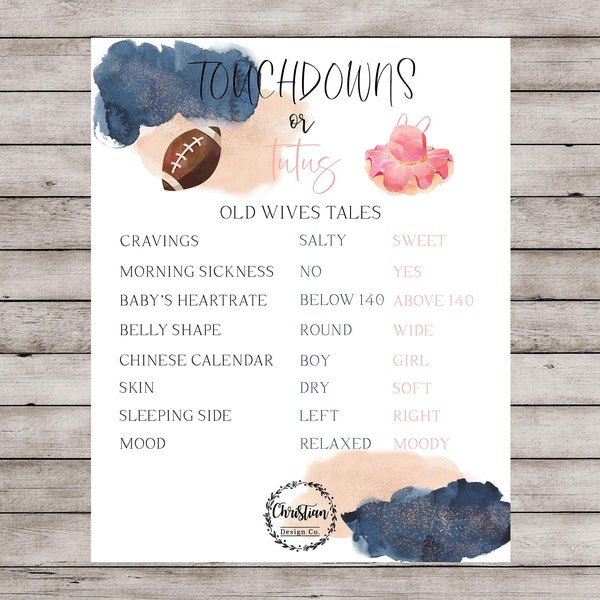 Touchdowns or Tutus Old Wives Tales, Gender Reveal Decor, Gender Reveal Ideas, Navy Blue and Blush Gender Reveal Poster, Gender Reveal Sign