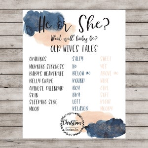 Old Wives Tales, Gender Reveal Decor, Gender Reveal Ideas, Navy Blue and Blush Gender Reveal Poster, Gender Reveal Sign, Gender Voting