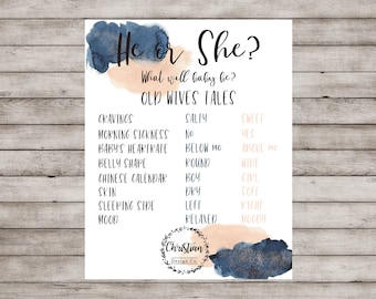 Old Wives Tales, Gender Reveal Decor, Gender Reveal Ideas, Navy Blue and Blush Gender Reveal Poster, Gender Reveal Sign, Gender Voting