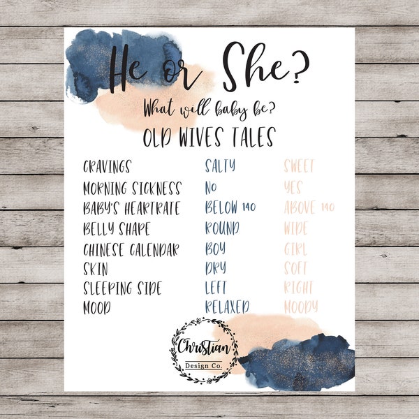 Old Wives Tales, Gender Reveal Decor, Gender Reveal Ideas, Navy Blue and Blush Gender Reveal Poster, Gender Reveal Sign, Gender Voting