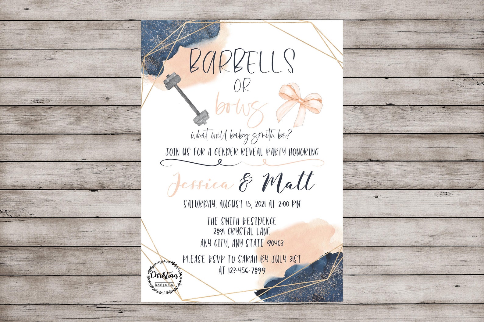 Barbells or Bows Gender Reveal Invitation Blush Navy Gender Etsy