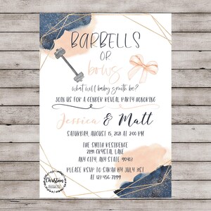 Barbells or Bows Gender Reveal Invitation, Blush Navy Gender Reveal Invitation, Gender Reveal Invite, Reveal Invitation, Gender Reveal Ideas