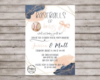 Baseballs Or Bows Invitation, Gender Reveal Invitation, Gender Reveal Invite, Baseball Or Bows, Baseballs Or Bows, Reveal Invitation