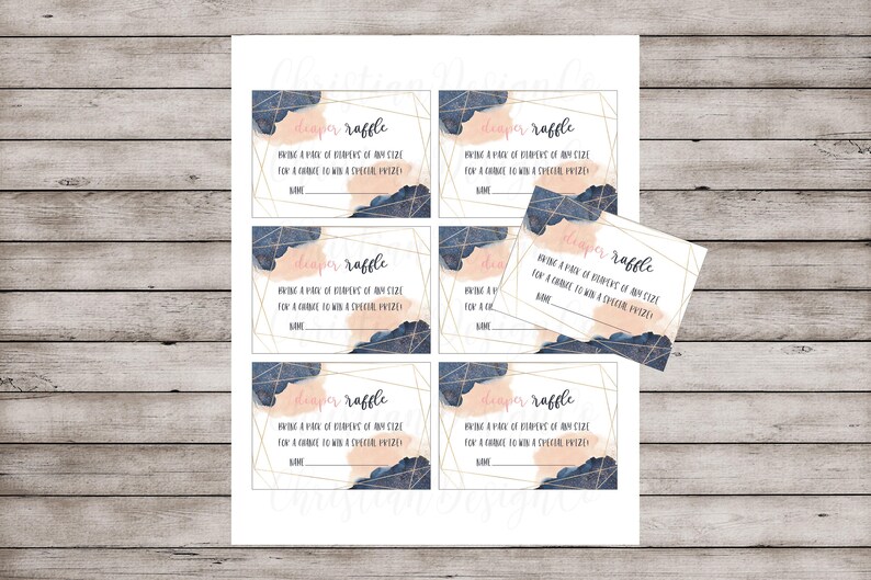 May include: A set of six printable diaper raffle tickets with a watercolor background in shades of pink and blue. The text on the tickets reads "diaper raffle" and "Bring a pack of diapers of any size for a chance to win a special prize!"