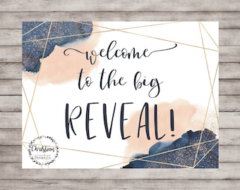 Navy and Blush Gender Reveal Sign, Reveal Welcome Sign Printable, Rose Gold Gender Reveal Print, Baby Reveal Ideas, Pregnancy Reveal
