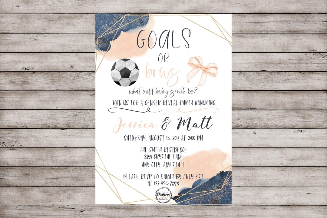 Soccer Gender Reveal Invitation, Goals or Bows Invitation, Blush Navy
