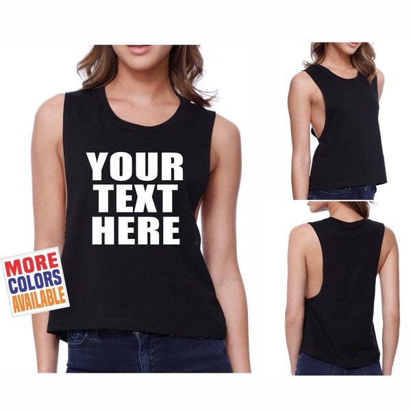 YOUR TEXT HERE Crop Tank Top Shirt Work Out Yoga Gym Side Boob Custom Personalized Customized Name Words Quote Gym  Bachelorette Wife Gift