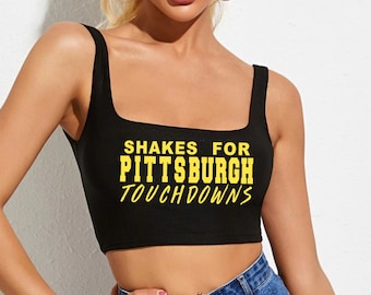 SHAKES For PITTSBURGH TOUCHDOWNS White Crop Tank Top Belly Shirt   Wife Mom Gift Custom Football Funny Joke Cheerleader Fan Tailgate