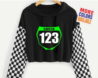 MOTOCROSS NUMBER PLATE Crop Top Hoodie Black Pullover Hooded Checkered Sleeve Custom Personalized Front Name Dirt Bike Motorcycle Mx Sx