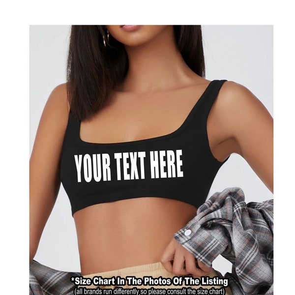 YOUR TEXT HERE Black Crop Tank Top Cleavage Boob Shirt Women's Girls Custom Printed Personalized Words Gameday College Team Group Bulk Order