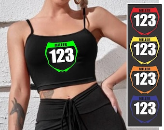 MOTOCROSS NUMBER PLATE Crop Tank Top Cami Camisole Strap Black Shirt Custom Personalized Front Name Dirt Bike Motorcycle Mx Sx Atv Enduro