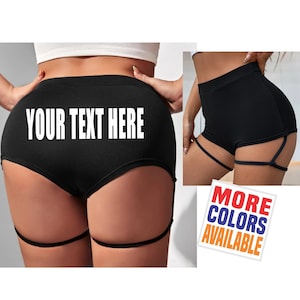 YOUR TEXT HERE Black Booty Shorts Garter Leg Strap Gym Work Out Stretchy Cheeky Ass   Custom Personalized Customized Name Group Bulk