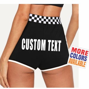 YOUR TEXT HERE Checkered Shorts Gym Work Out Retro Booty Cheeky   Custom Personalized Customized Name Hashtag Racer Flag Motorsports