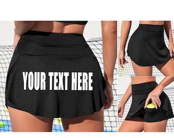 CUSTOM TENNIS SKORT Black Skirt w Booty Short Underwear Gym Printed Personalized Customized Name Logo Team Company Group Bulk Your Text Here