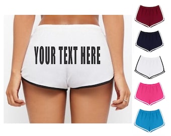CUSTOM BOOTY SHORTS Color Retro Contrast Trim Cheeky Gym Printed Personalized Customized Name Logo Team Vintage Your Text Here Group Bulk