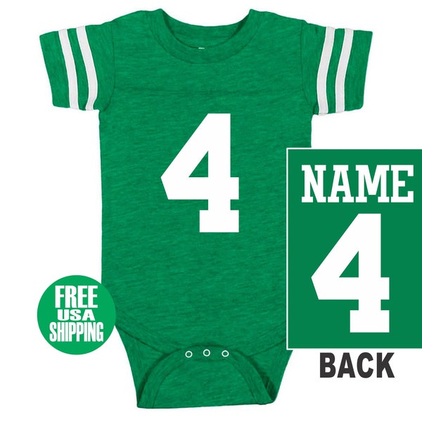 FOOTBALL JERSEY Bodysuit Baby Vintage Green w/ White Shirt Stripe Sleeve One Piece Jersey Boy Girl Custom Personalized Last Name Shower Gift