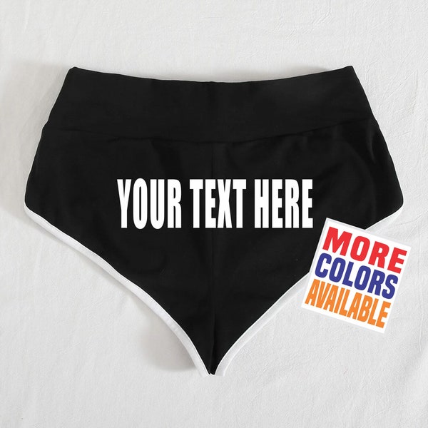YOUR TEXT HERE Cheeky Booty Shorts Ass Women's Ladies Promo Model Thong Logo White Trim Personalized Custom Print Customized Font