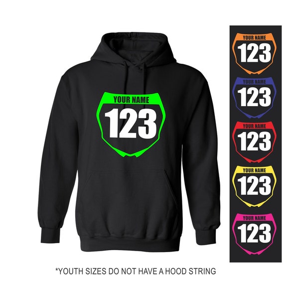 MOTOCROSS NUMBER PLATE Dirt Bike Hoodie Black Pullover Hooded Sweatshirt Custom Personalized Front Name Motorcycle Mx Fmx Flat Track Dad Mom