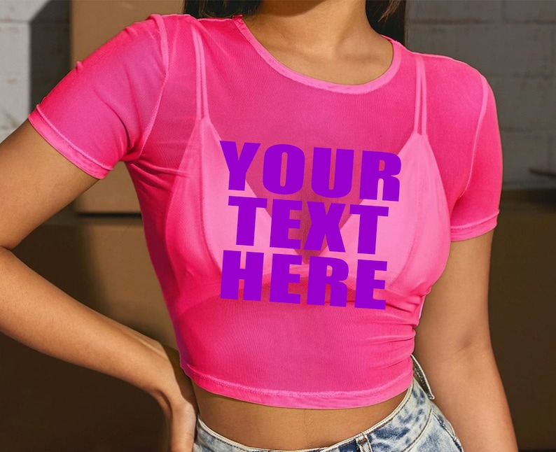 YOUR TEXT HERE Pink Sheer Crop Top Tank Top Women See Through Mesh Neon Custom Personalized Rave College Edm Party Wife Gift No Bra image 9