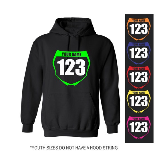 MOTOCROSS NUMBER PLATE Dirt Bike Hoodie Black Pullover Hooded Sweatshirt Custom Personalized Front Name Motorcycle Mx Fmx Flat Track Dad Mom