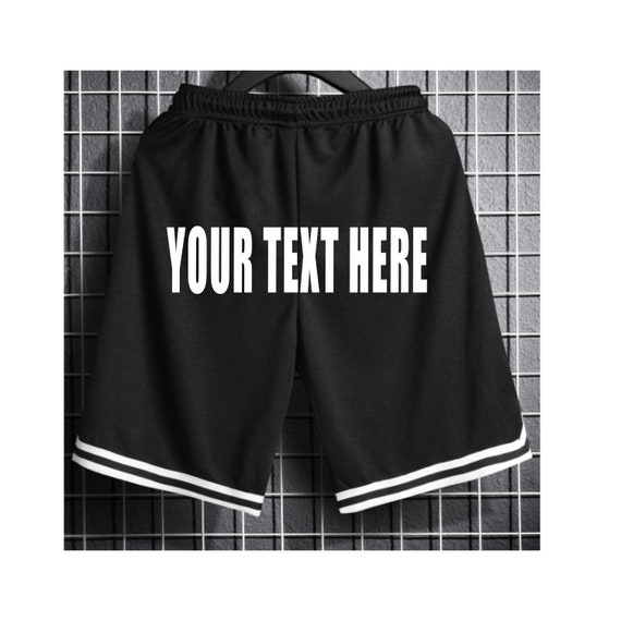 YOUR TEXT HERE Men's Black Striped Shorts Retro White Trim Guys Booty Dolphin Custom Printed Personalized Customized Name Logo Team Company