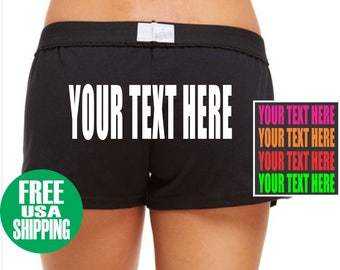 YOUR TEXT HERE Soffe Low Rise Black  Pink Shorts Gym Work Out Cheer Booty  Hot Custom Personalized Customized Team Group Name Cotton