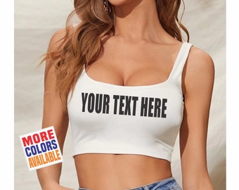 YOUR TEXT HERE Crop Tank Top Shirt Women's Girls Custom Printed Personalized Words Cute College Game Day Party Gift Team Group Bulk Order