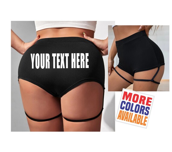 YOUR TEXT HERE Black Booty Shorts Garter Leg Strap Gym Work Out Stretchy Cheeky Ass   Custom Personalized Customized Name Group Bulk