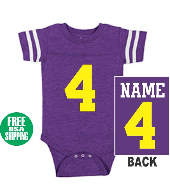 FOOTBALL JERSEY Bodysuit Baby One Piece Shirt Vintage Purple & White Stripe Sleeve Boy Girl Custom Personalized Last Name Shower Gift Jersey