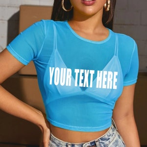 YOUR TEXT HERE Pink Sheer Crop Top Tank Top Women See Through Mesh Neon Custom Personalized Rave College Edm Party Wife Gift No Bra image 7