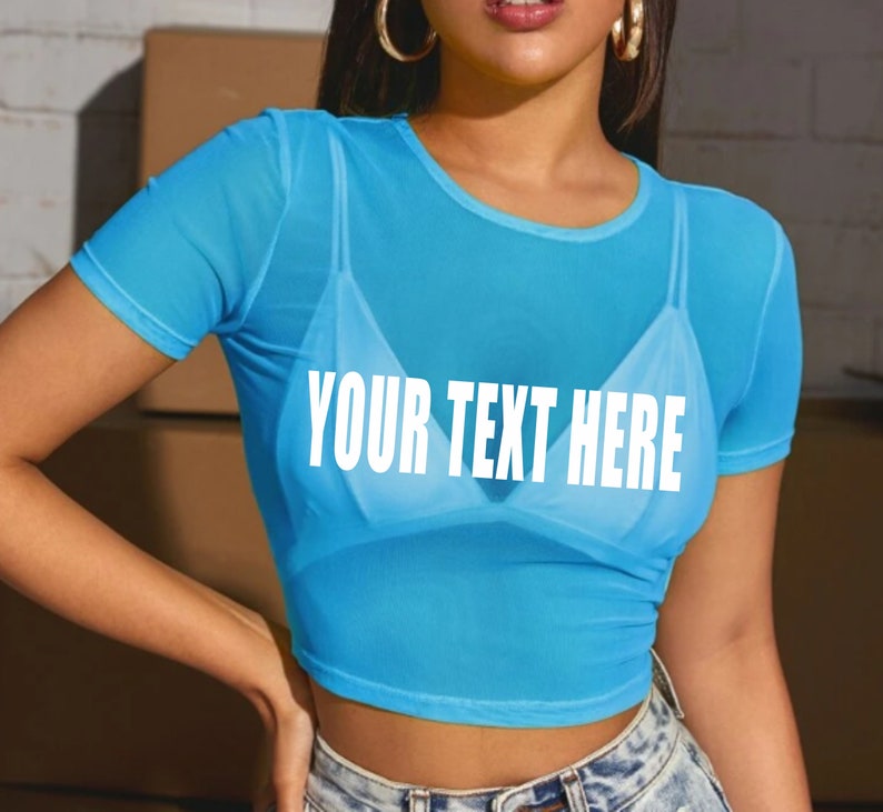 YOUR TEXT HERE Pink Sheer Crop Top Tank Top Women See Through Mesh Neon Custom Personalized Rave College Edm Party Wife Gift No Bra image 7