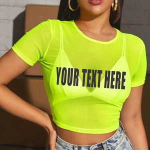 YOUR TEXT HERE Pink Sheer Crop Top Tank Top Women See Through Mesh Neon Custom Personalized Rave College Edm Party Wife Gift No Bra image 8