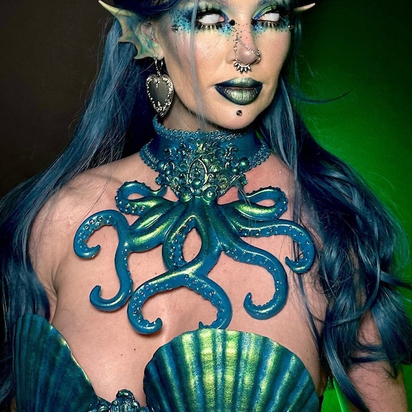 READY TO SHIP - Sunken Siren | Octopus Choker | Sale Halloween Mermaid Bra Headpiece Hat Wearable Art Tentacle Gothic Octopus Tentacles