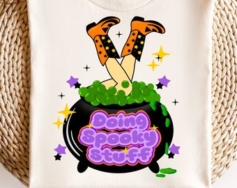 Cowgirl png-retro halloween png-cowgirl sublimation-doing spooky stuff-funny halloween png-witch cauldron-pumpkin png-halloween western png